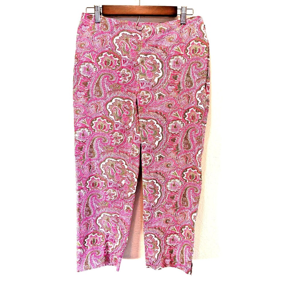 Talbots Classic Side Zip Capri Pants Women's Size 6 Pink Paisley Cotton Stretch